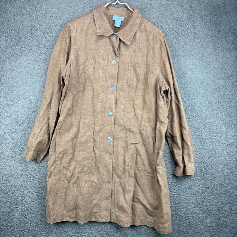 SO Blue Sigrid Olsen Brown 100% Linen Long Button Front Shirt Jacket Womens L